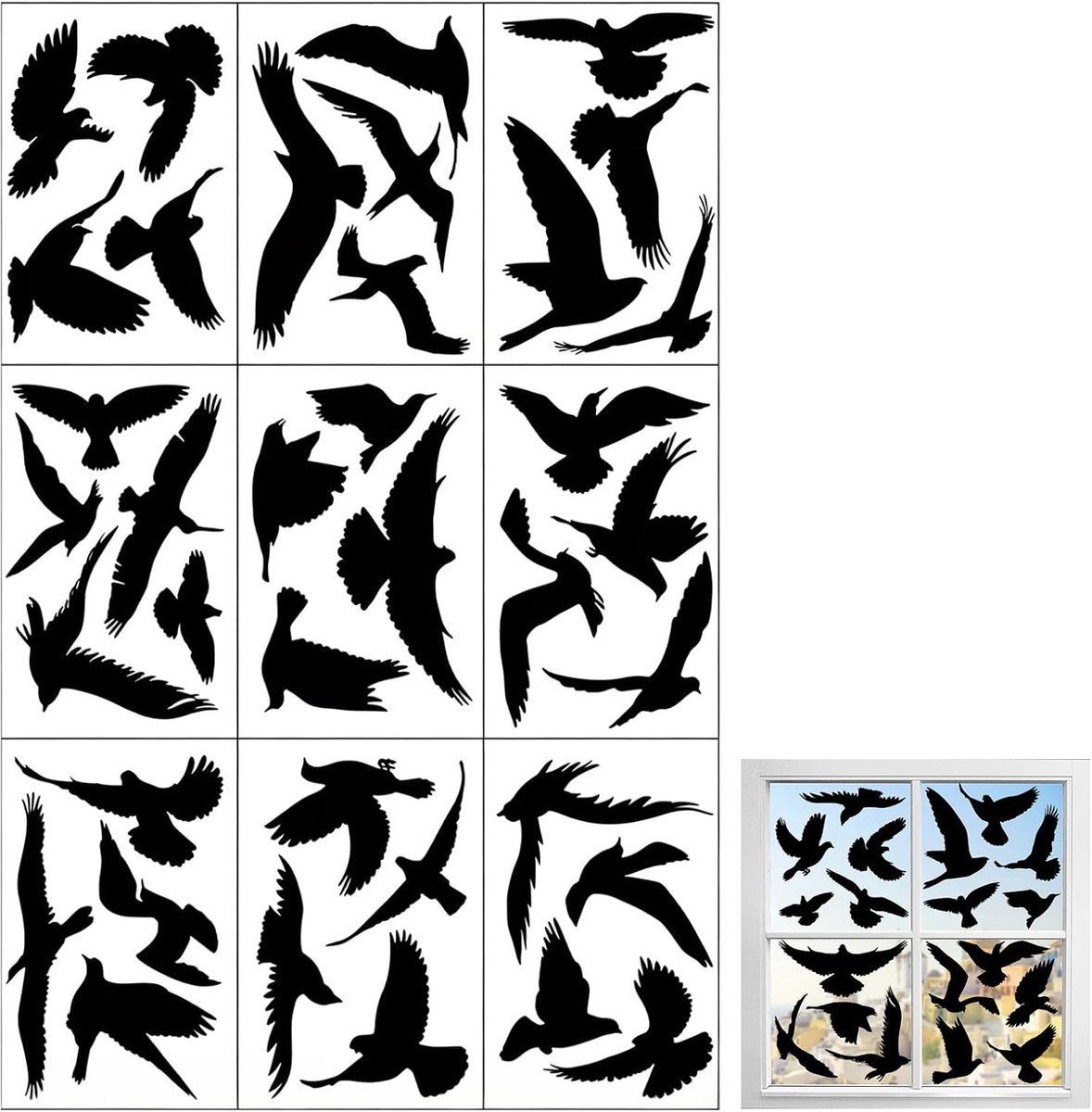 37 Stuks Vogelstickers voor Ramen, Statische Raamfolie Anti-Botsing, Herbruikbare PVC Raamstickers zonder Lijmresten, 9 Vellen 20 x 30 cm voor Thuis, Tuin en Kantoor