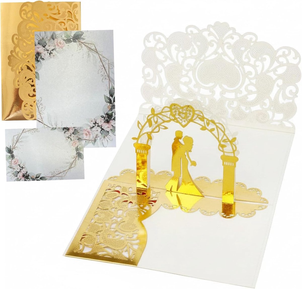 bruiloftskaart, 3D-wenskaart voor bruidspaar, gouden perfecte huwelijksgeschenken en uitnodigingskaart