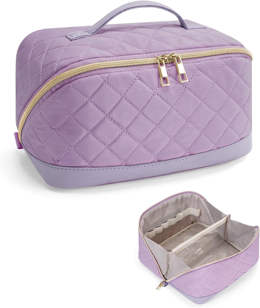Nature Make-uptas voor dames, reis-make-uptas met borstelvak, scheidingsvakken en handvat, grote waterafstotende make-uptas voor dagelijks gebruik en reizen, lila, 25 × 13 × 13 cm