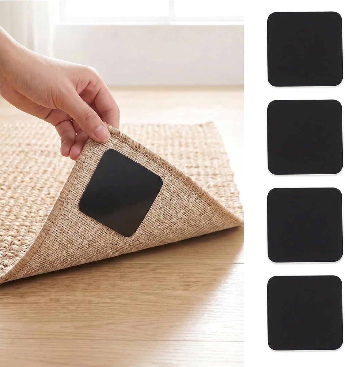 4 stuks antislipmatten voor tapijt, 10 x 10 cm, herbruikbare antisliponderlegger voor hardhouten vloeren, voorkomt het wegglijden van het tapijt (zwart​)