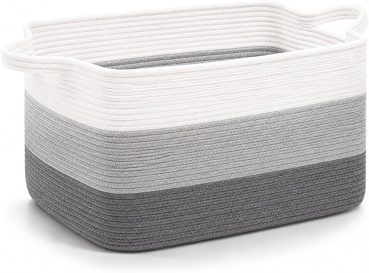 60 liter geweven opbergmand, gevlochten wasmand met handgrepen, opvouwbare wasmand voor dekens, kleding en speelgoed, mand voor woonkamer, slaapkamer en badkamer (grijs-wit)
