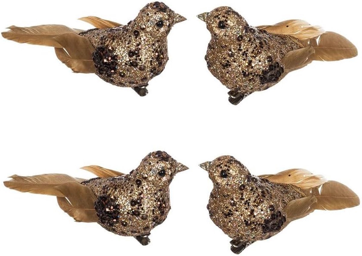 4 stuks kunstschuim mica-veervogel met clip decoratieve figuur mini-vogel met glitter in koper voor thuis, bloemen of kerstdecoratie, ca. 12x3 cm