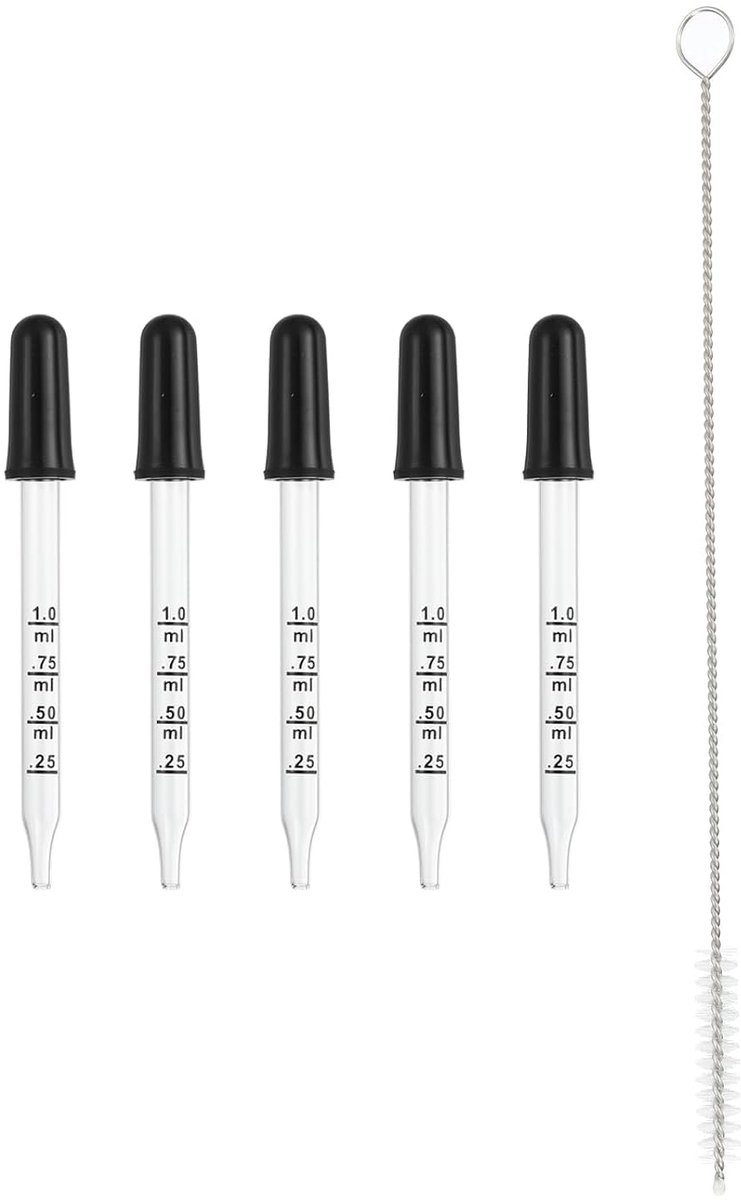 Pipet, 5 stuks, 1 ml, gegradueerd glas, met rechte punt, met rubberen dop en borstel voor etherische oliën, laboratoriumexperimenten, transparant en zwart