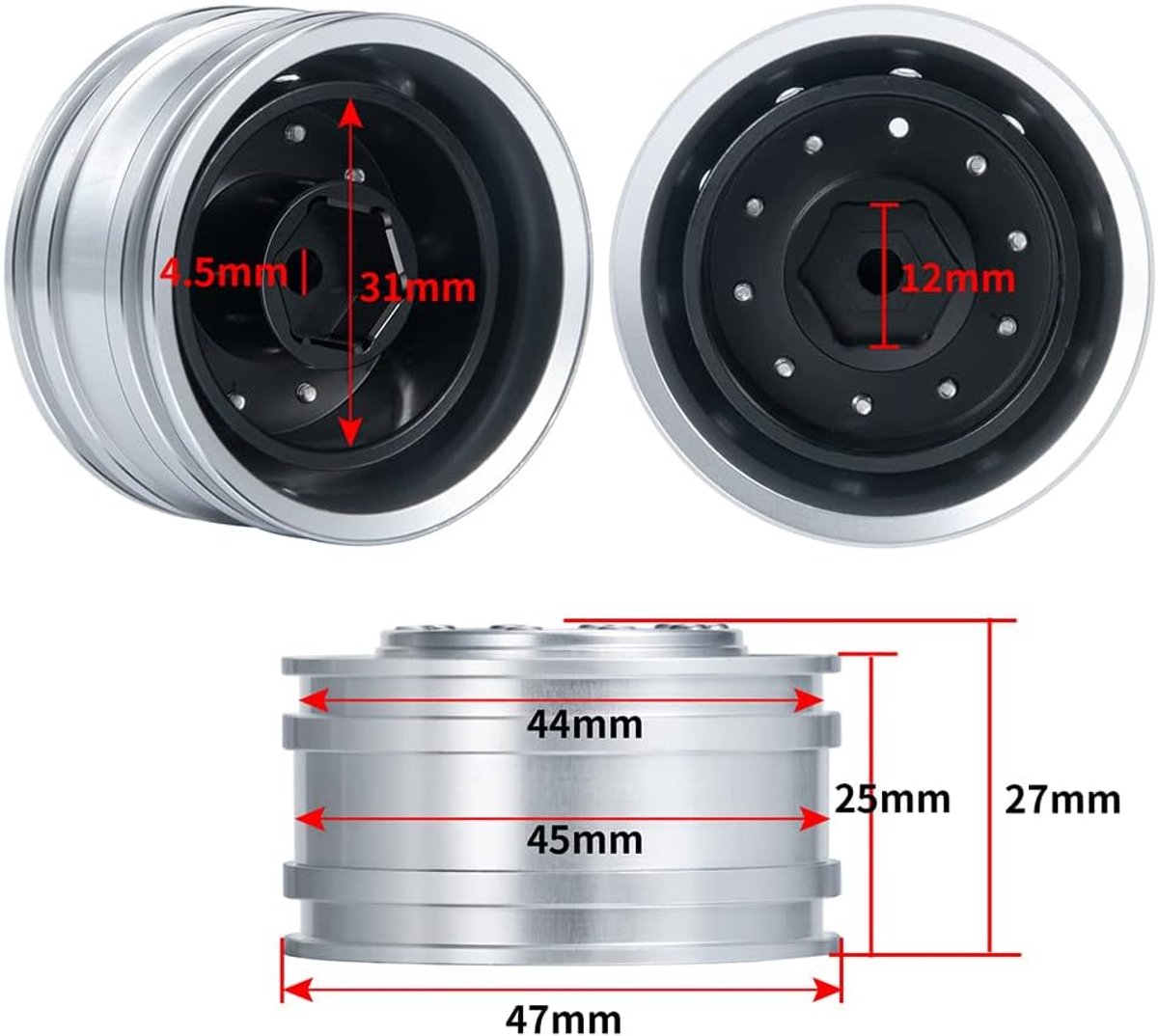 2 stuks aluminium front Beadlock velgen voor Tamiya 1/14 truck | Beadlock Tamiya Voorvelgen, 2 stuks, 1/14, tractorvrachtwagen, aluminium