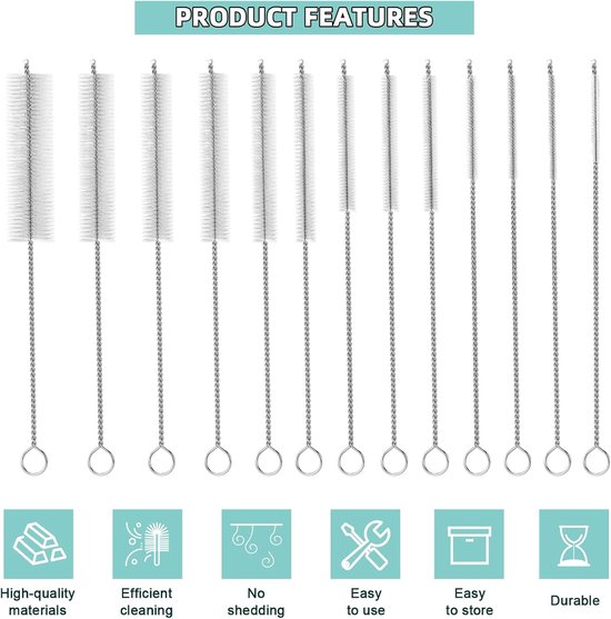 13 stuks nylon flessenreinigingsborstels, stroreinigingsborstel, pijpborstels voor reiniging, rietreinigingsborstelset voor waterfles, buis, pijp, drinkbeker, krappe ruimtes, beker — afbeelding 5
