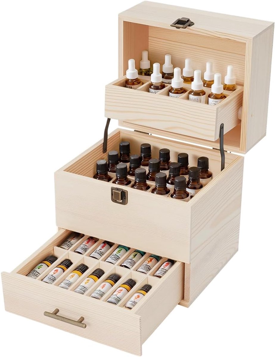 Houten doos etherische oliën - 3 verdiepingen - 59 vakken - opgeruimde opslag voor geuroliën en nagellak - SnelShoppen