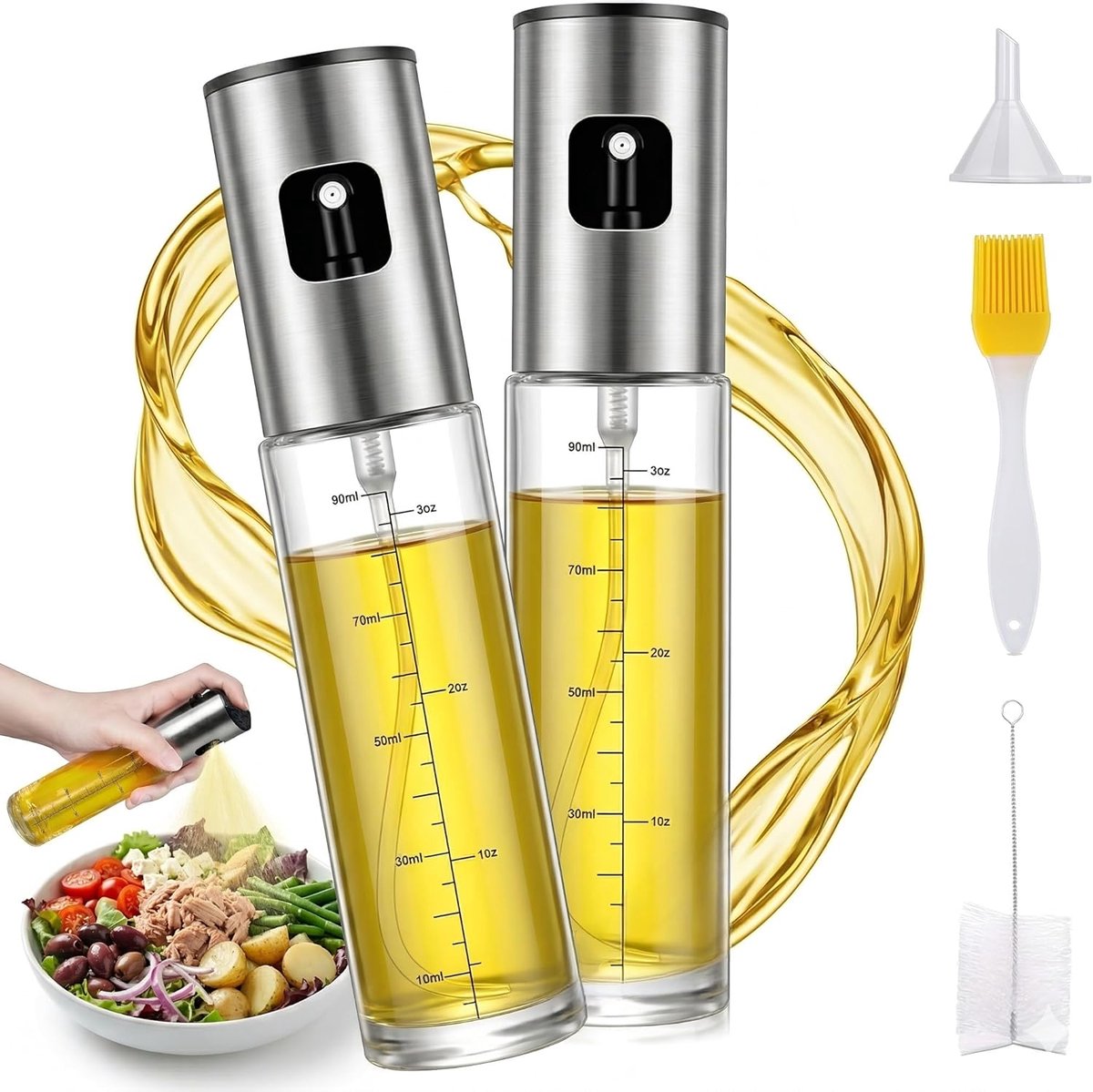 Oliesproeier voor spijsolie, 100 ml, oliespuitfles van roestvrij staal en glas, met schaal en trechter, multifunctionele oliespray voor heteluchtfriteuse, salade, grillen, bakken