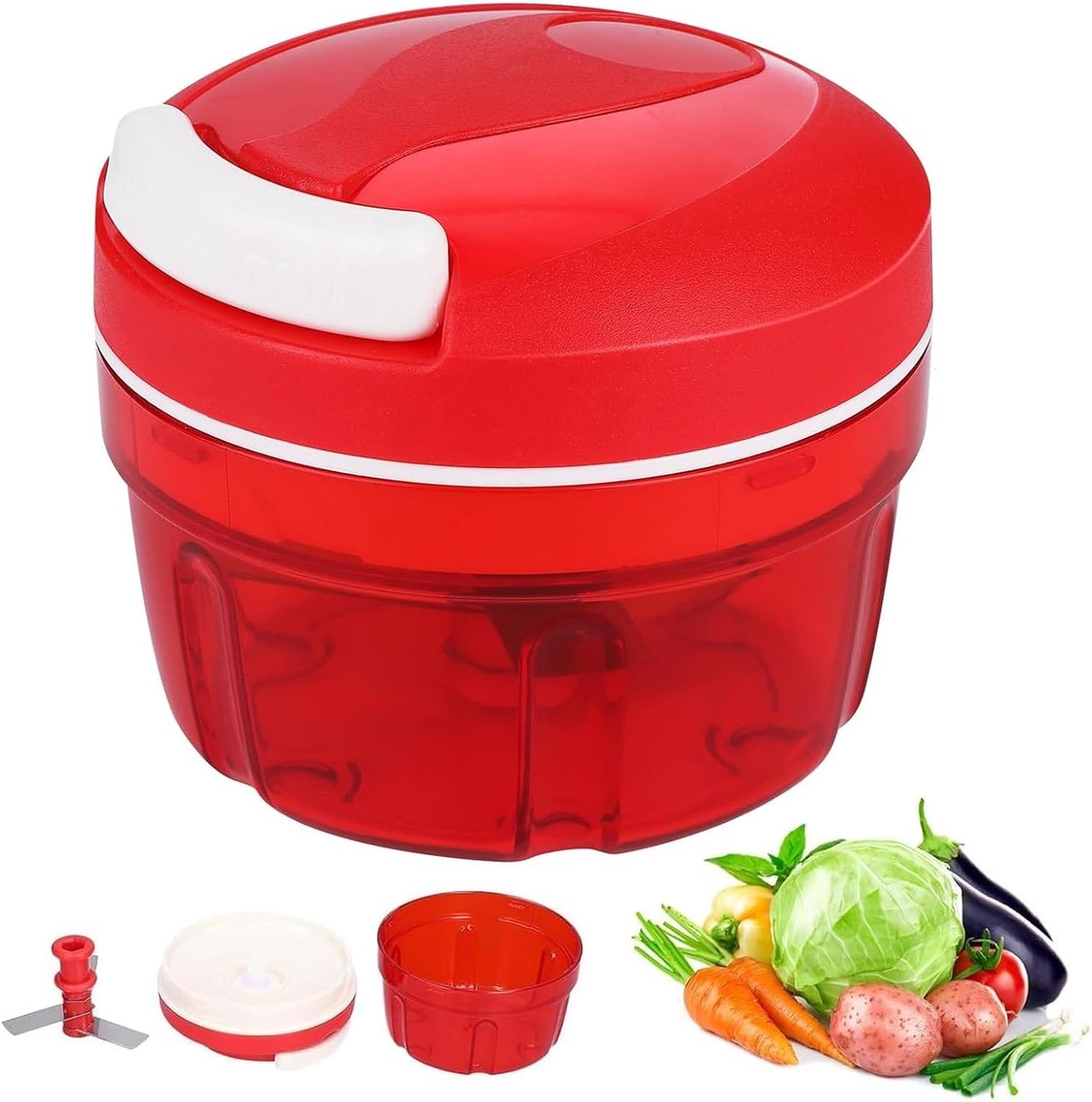 Hakmolen met Trekkoord 300 ml, Uiensnijder Multifunctioneel, Mini Hakker voor Groenten en Vlees, RVS Messen, Antislip Basis, voor Keuken