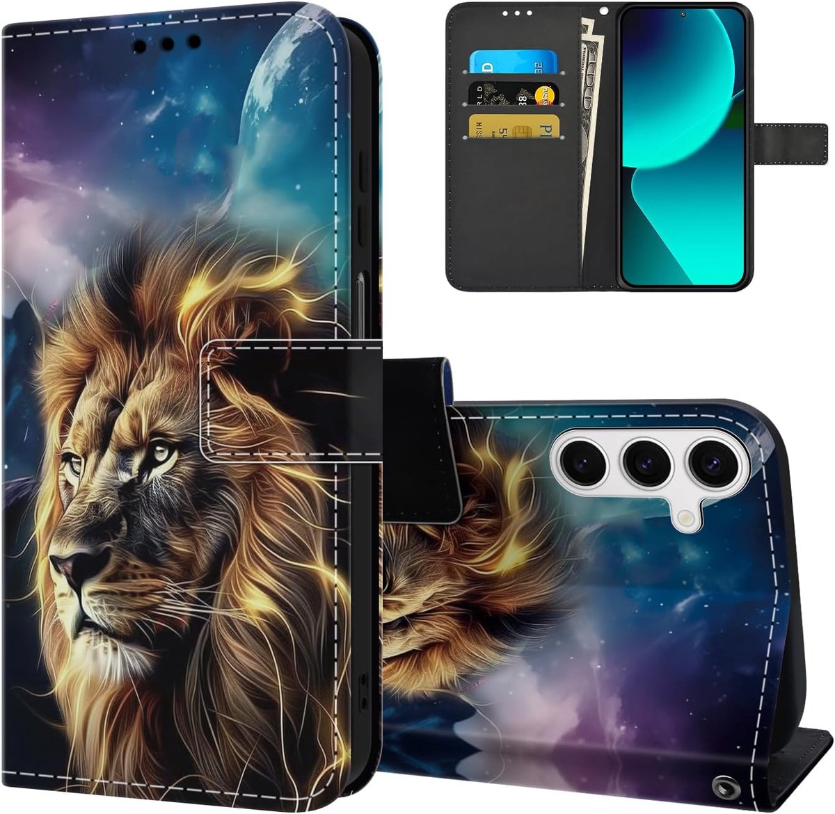 Telefoonhoesje voor Samsung Galaxy S25 5G, premium PU-leren klaphoes met motief, beschermhoes, magneetsluiting, kaartenvak, standfunctie, flip case, telefoonhoesje voor Samsung S25 5G, leeuw