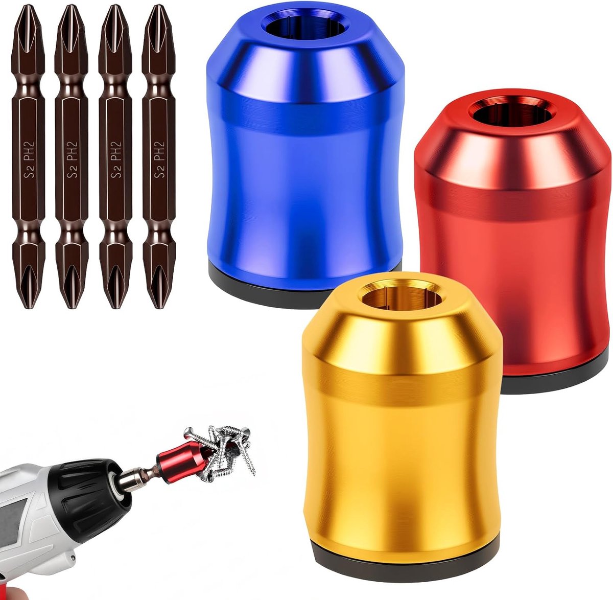 3-delige magnetische ring voor schroevendraaiers, schroefringset, met 4 Ph2 schroevendraaierbits, afneembaar huishoudgereedschap, Universele bithouder voor inbusschroevendraaiers en elektrisch
