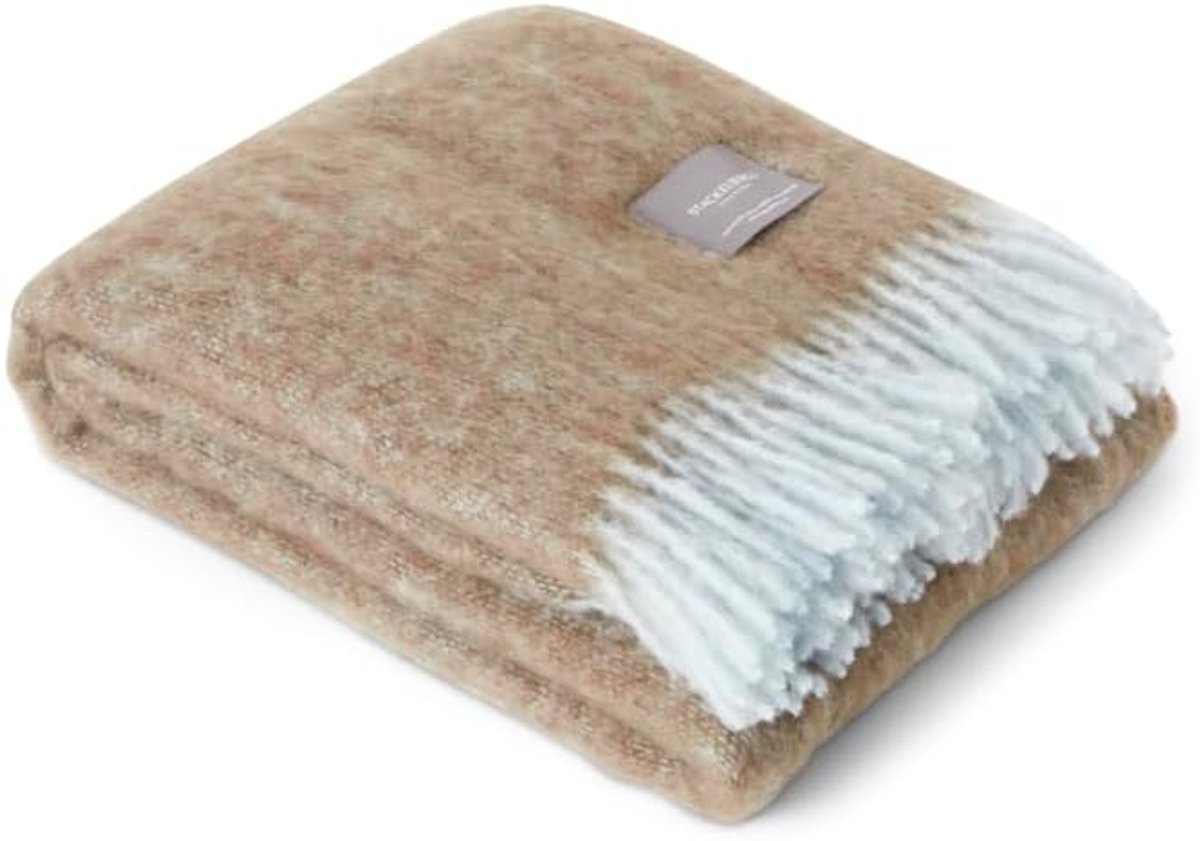 Plaid-mohair deken 130x170 cm - mohair-wol - beige-ice blue - perfect voor extra warmte - SnelShoppen