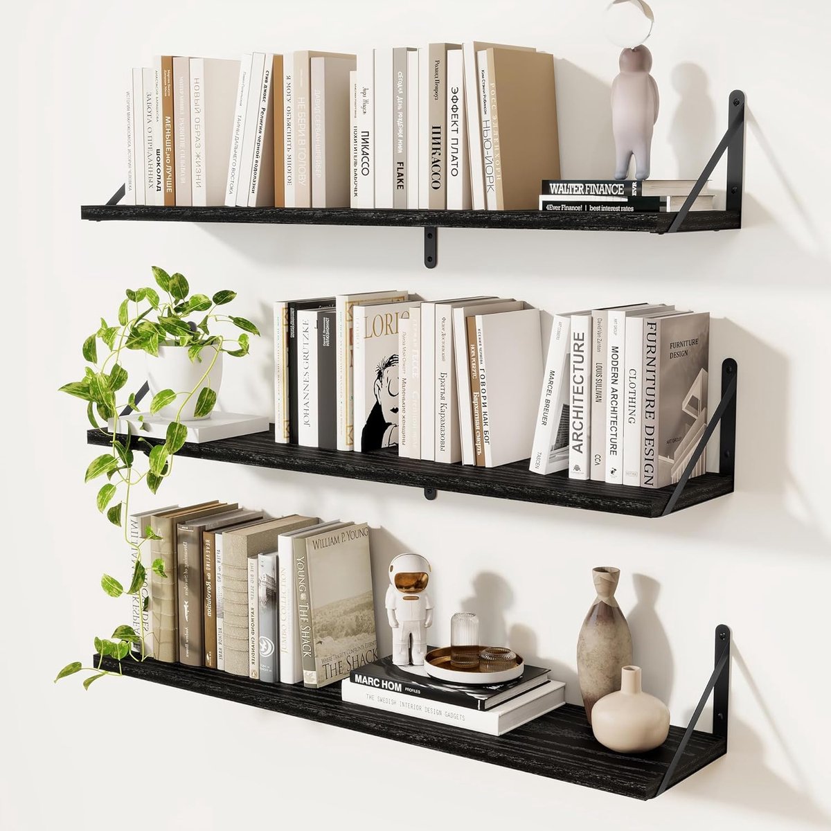 Zwevende planken, zwart, set van 3 wandplanken, 90 cm, spaanplaat voor keuken, badkamer, slaapkamer, woonkamer (zwart, 90 x 20 cm)