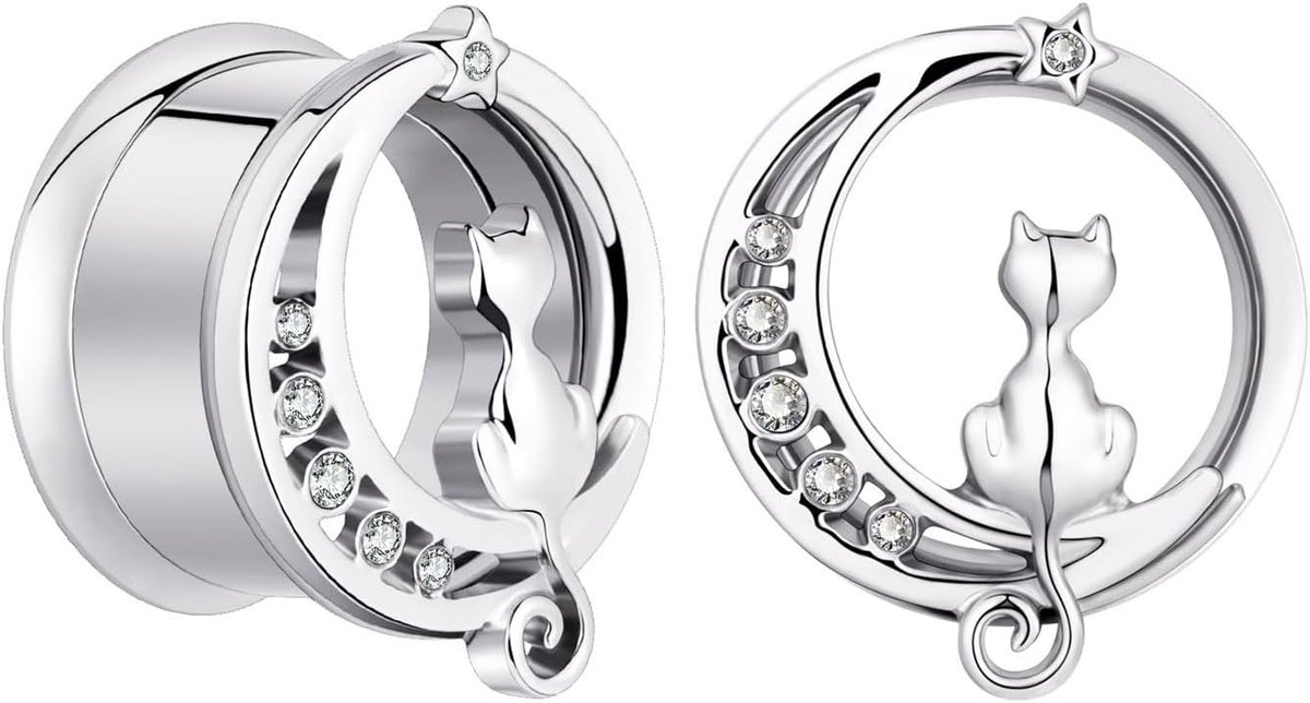 Tunnels, flesh plugs, roestvrij staal, zirkonia, oorpiercing, oorstekers, double flared punk piercing, sieraden, zilver zwart, 6 mm-16 mm