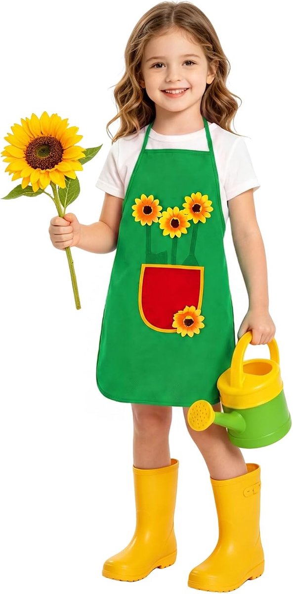 Keukenschort voor kinderen - stijl A - groen met zonnebloemen - ideaal voor koken en knutselen - ShopVlot