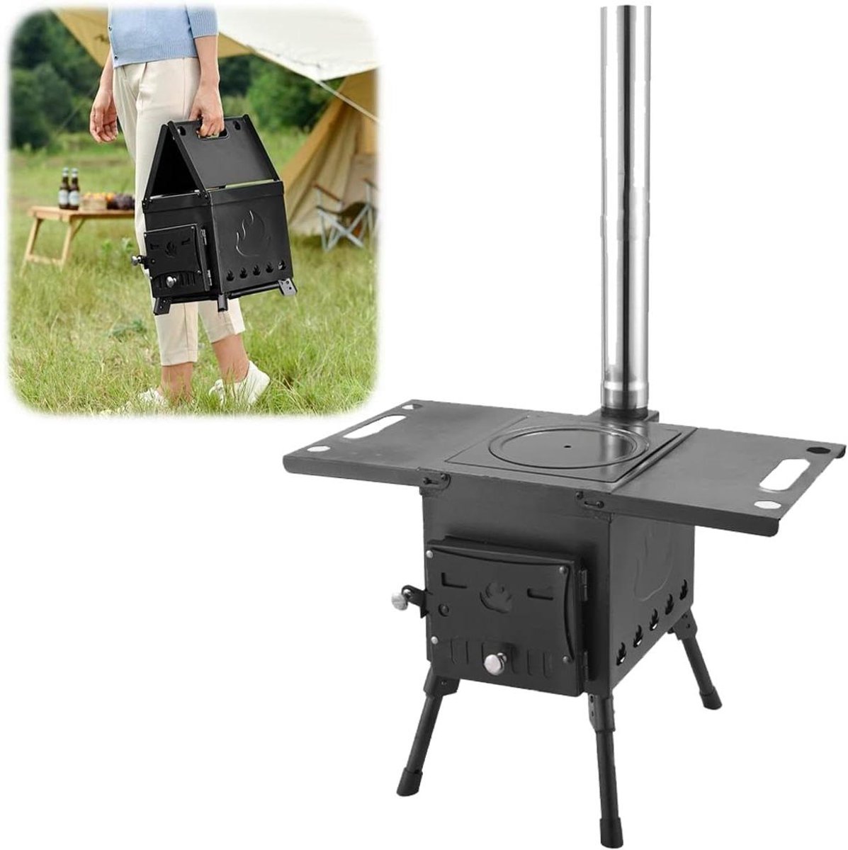 Camping Kooktoestel - Houtkachel - Buiten Koken - Verstevigd Staal - S Formaat - Zwart