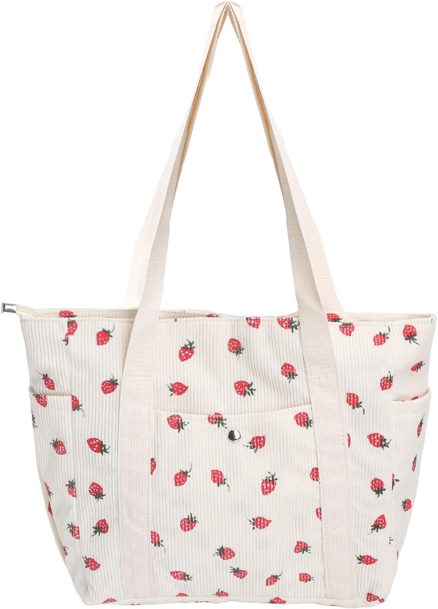 Dames Corduroy Strawberry Tas - Leuke Aardbei Schoudertas - Grote Shopper voor Dagelijks Gebruik - ShopVlot