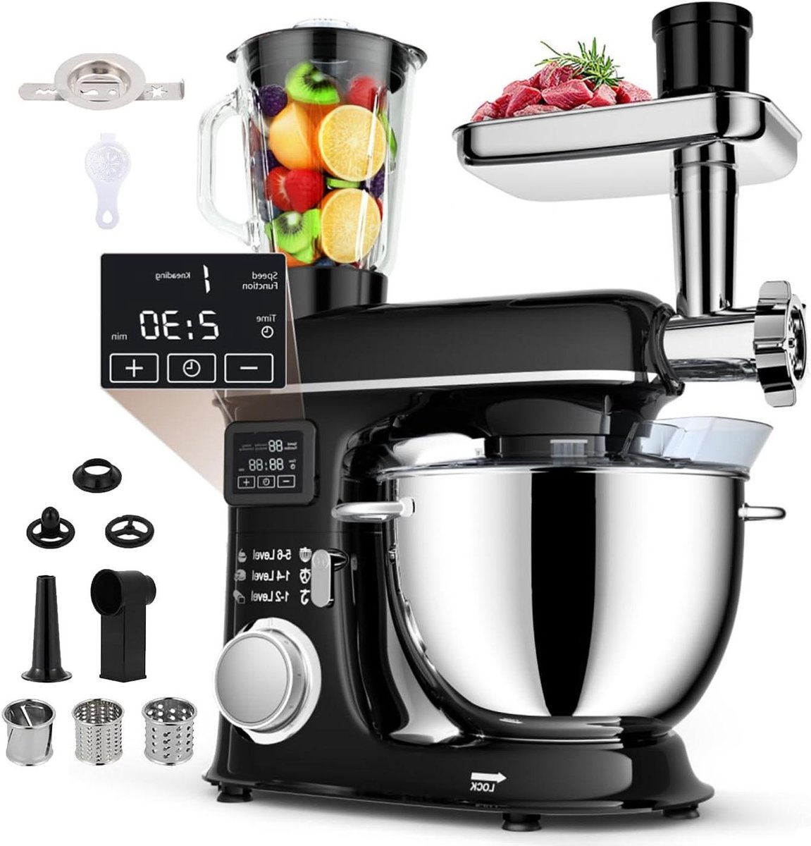 Keukenmixer 8-in-1 - Multifunctionele mixer Deegmixer - Bakken en Koken - Planetair mengsysteem - 8 liter kom - Zwart