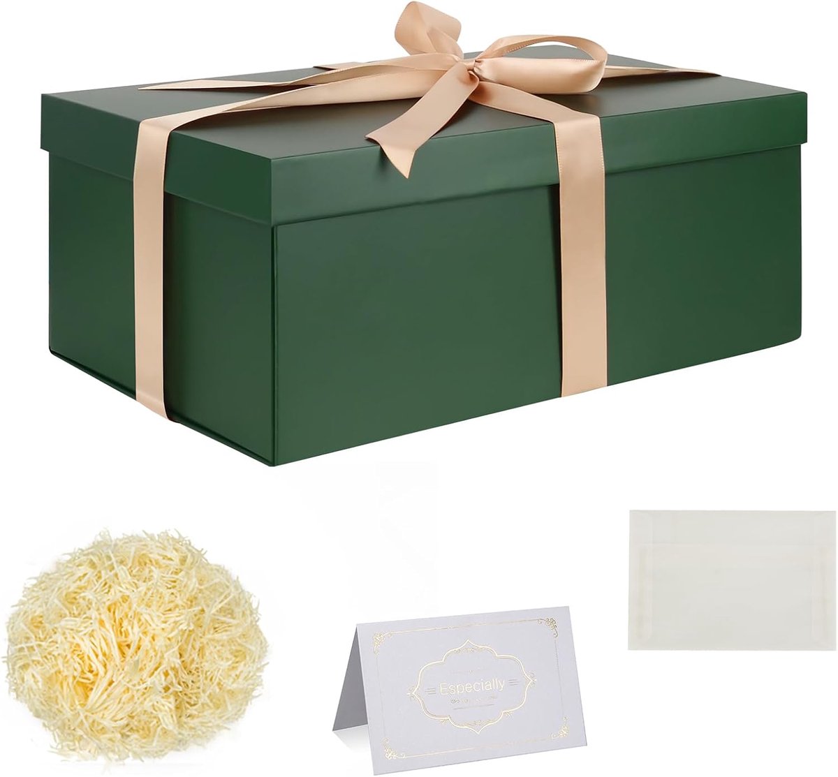 Geschenkdozenset 30 x 20 x 12 cm - groene geschenkdozen met deksel - inclusief zijdepapier en wenskaarten - ShopVlot
