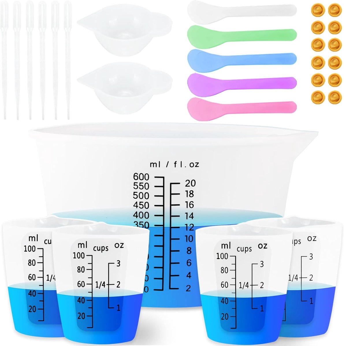 Siliconen maatbekers set - 600ml mengkom met 250 & 100ml cups - makkelijk af te lezen - ideaal voor epoxyhars - ShopVlot