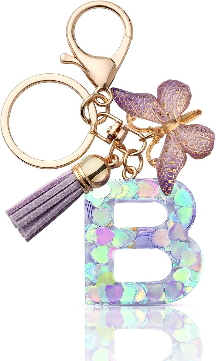 Sleutelhanger met letter meisje sleutelhanger beginletter geschenk vrouwen sleutelhanger vlinder, paars, lila