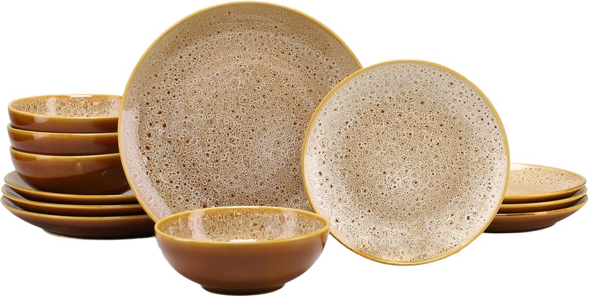 23674, serie Reactive Nostalgic (cognac/wit), 12-delige serviesset voor 4 personen, bordenset van aardewerk, vaatwasser- en magnetronbestendig, kwaliteitsproductie