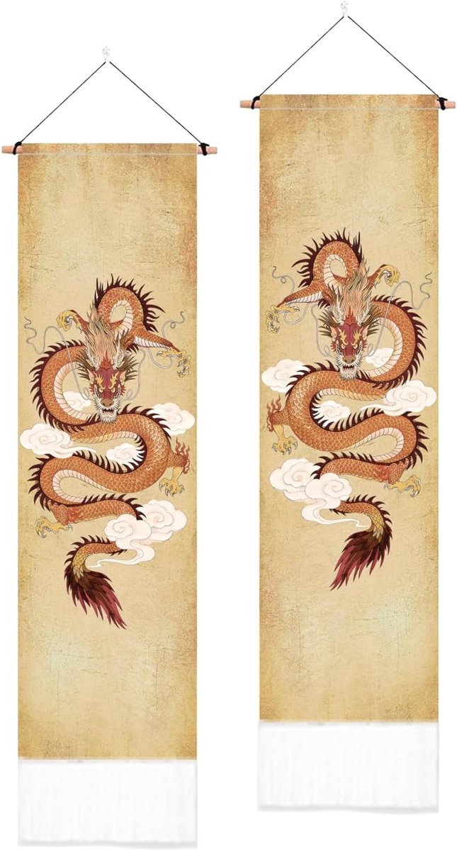 2 stuks verticaal wandtapijt in Chinese stijl lang wandtapijt met gouden draak totem motief en kwastjes, esthetische wanddecoratie voor slaapkamer, woonkamer, badkamer
