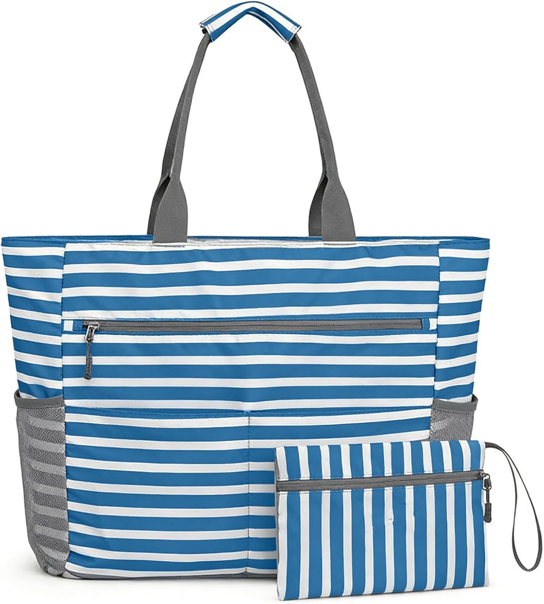Strandtas voor het hele gezin, grote badtas met ritssluiting en vak voor nat gebruik, waterdicht en licht, voor strand, zwembad en reizen, opvouwbaar en met binnenvakken, grote
