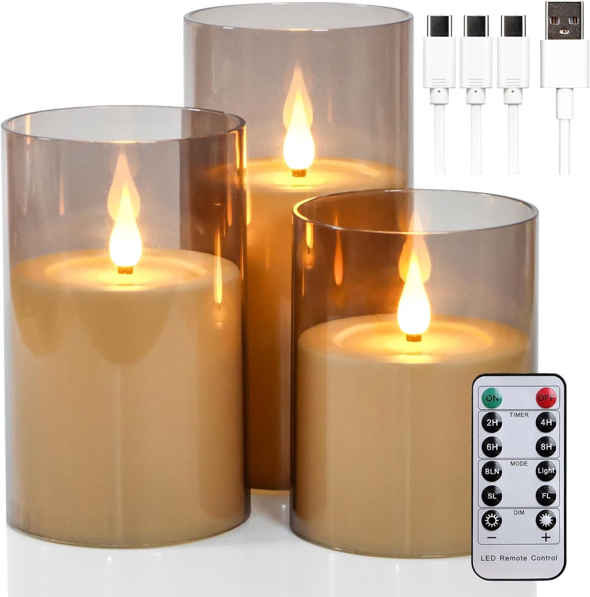 Yunsheng Oplaadbare led-kaarsen met afstandsbediening en timer, oplaadbare vlamloze kaarsen, flikkerende elektrische zuilkaarsen met acrylhoes en TYPE-C oplaadkabel, set van 3 (3 x 4/5/6 inch)