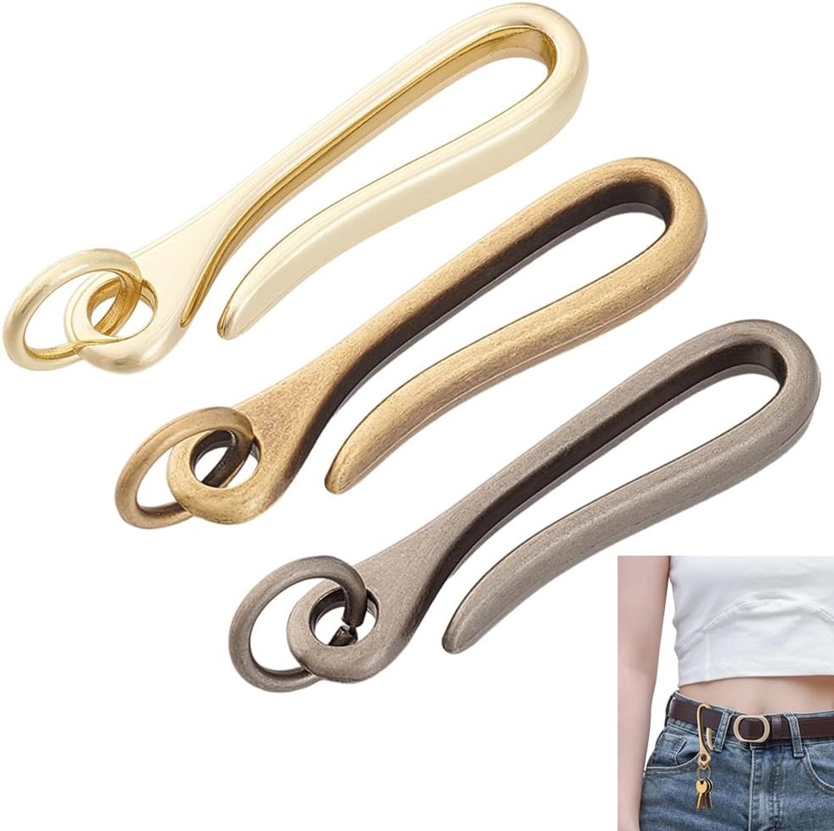 Craspire 3 stuks goudvishaak sleutelhanger bruine U-vormige haak sleutelhanger zilveren Japanse sleutelringen buigring legering massieve antieke gesp riemclip tashouder