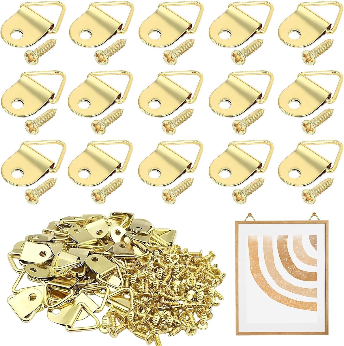 100 stuks fotohaken, fotohangers, driehoekige fotolijsthaken, set haken met schroeven, fotohaken om te spijkeren, driehoekige ring, schilderijhanger voor thuis, kantoor, foto, schilderij, ophangen
