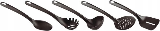 Keukenhulpset van nylon, keukengerei, kookgerei, kookset, spatel, pannenkoeken, spatel, lepel, scheplepel, vork, pasta, lepel, houder, zwart, 5 delen — afbeelding 4