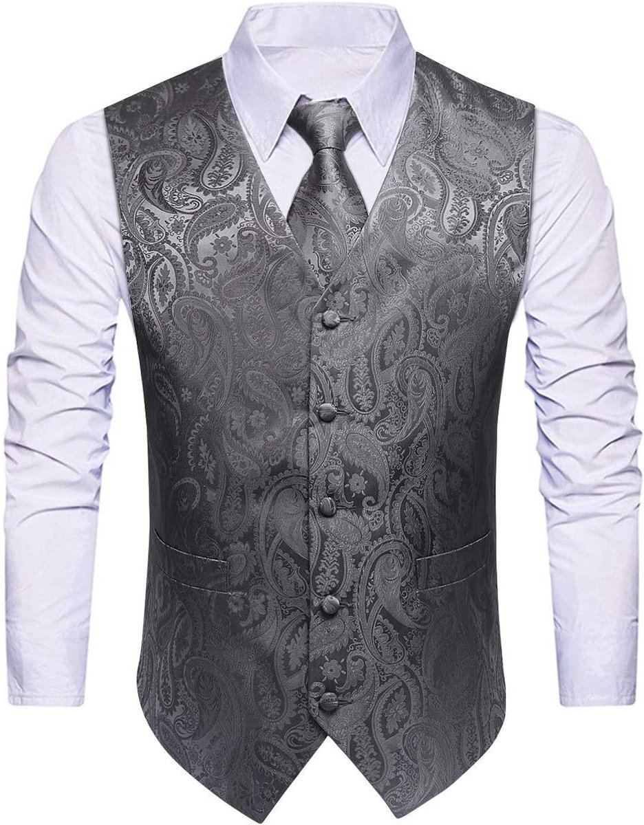 Herenvest Paisley Bloemen Jacquard Stropdas Pocket Vierkante Zakdoek Vest Pak Set