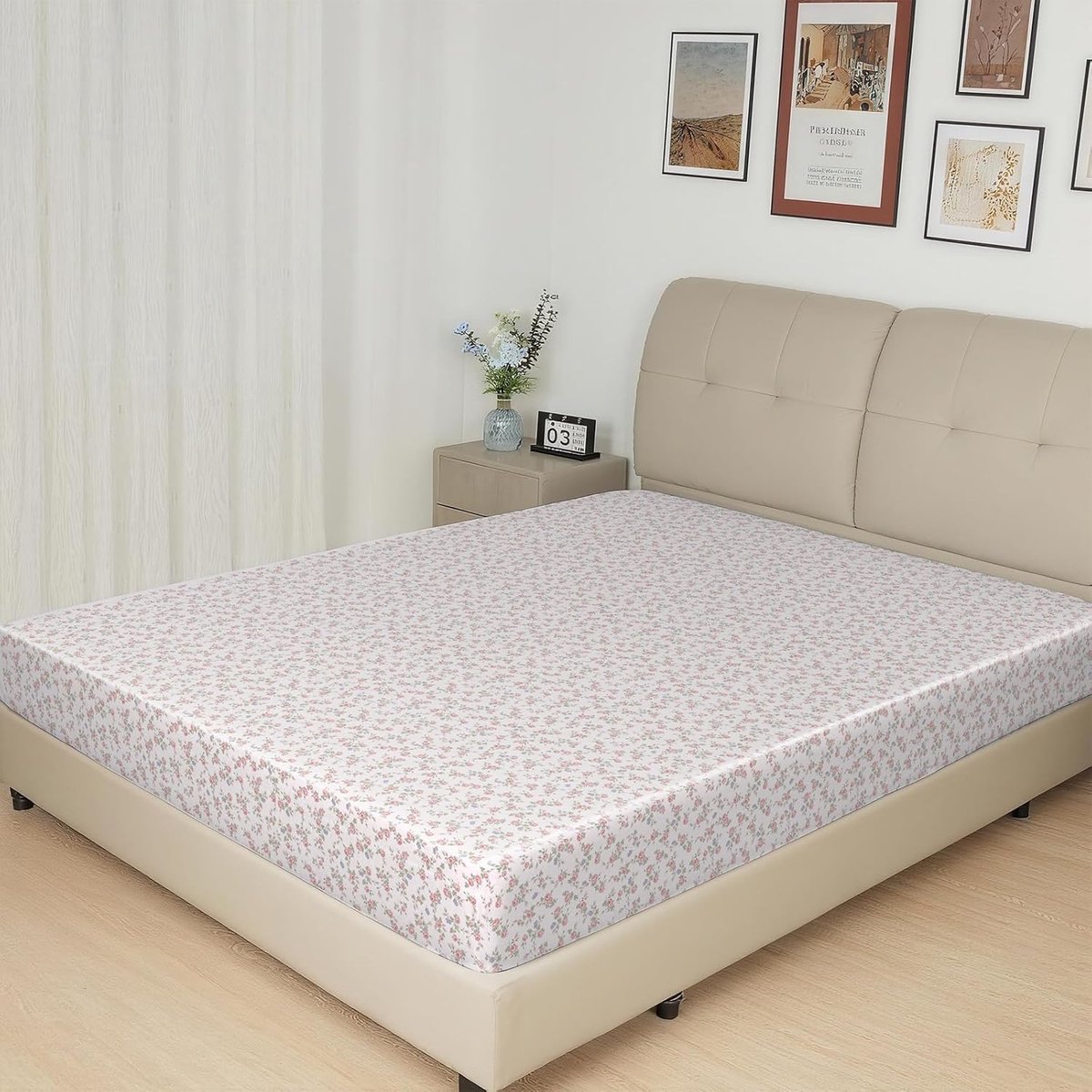 Satin Hoeslaken, Zijdezacht Polyester Satijn Weefsel, 36 cm Diepe Zakken met Elastieke Hoekbanden, 140 x 200 x 36 cm, Roze Bloemen