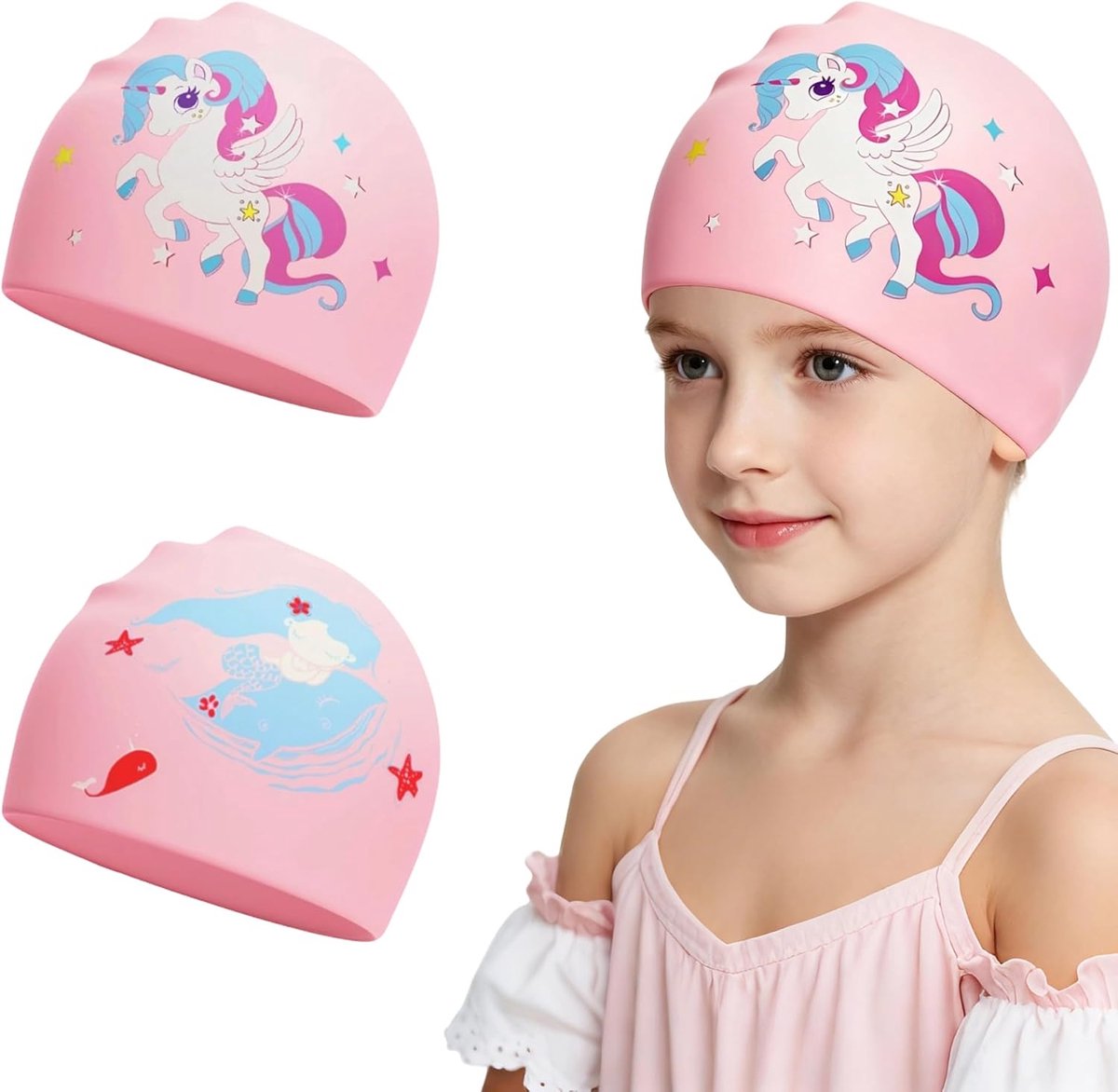 Badmuts voor kinderen, 2 stuks, zwemmuts, badmuts en badmuts voor meisjes | Zeemeerminnen en eenhoorn, waterdichte antislip siliconen badmuts, lang en kort haar, 3-12 jaar, roze