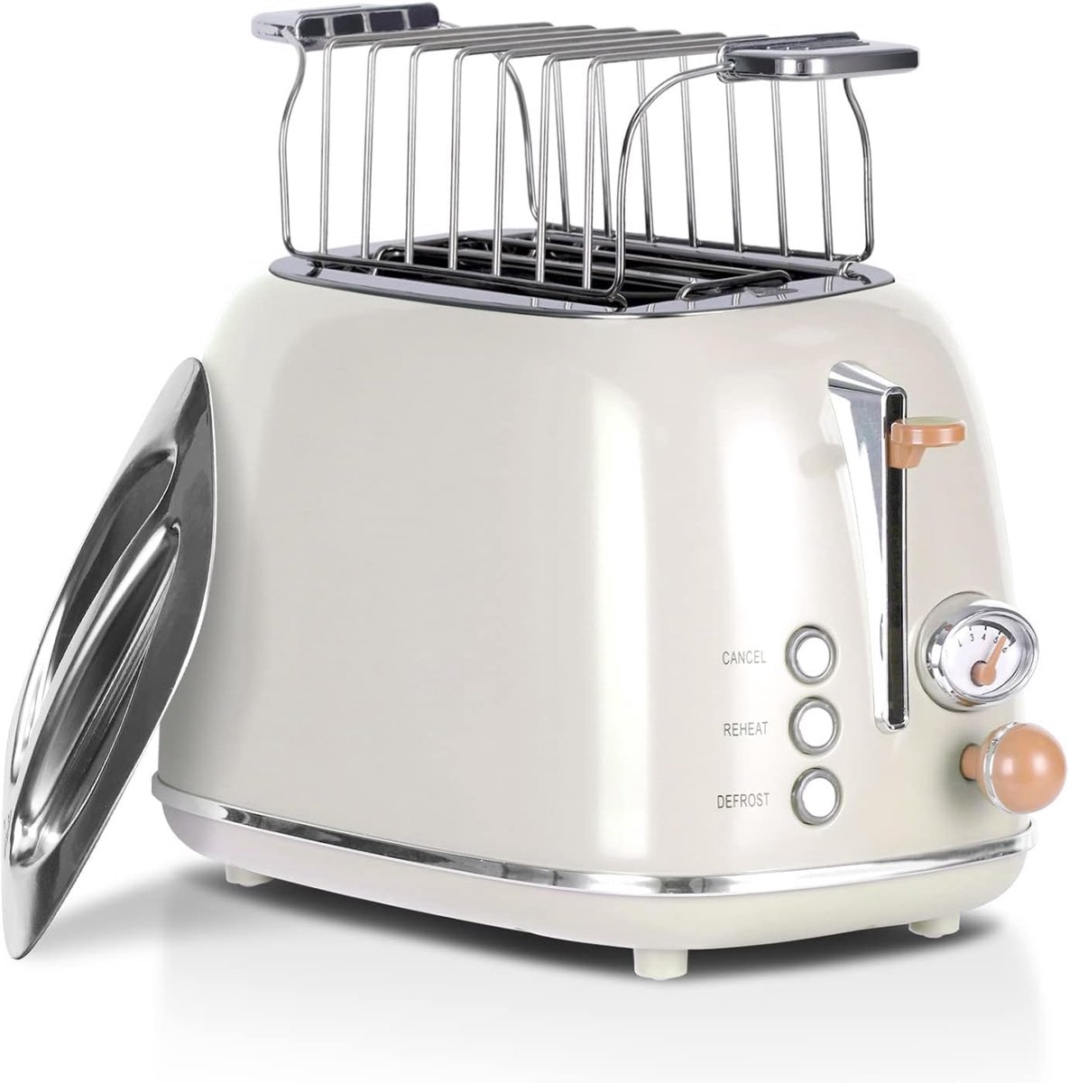 Broodrooster Retro, voor 2 boterhammen, 6 instelbare bruiningsniveaus, roestvrij staal, hoogwaardig opzetstuk voor broodjes, opwarm-ontdooifunctie, aftelweergave (Beige)