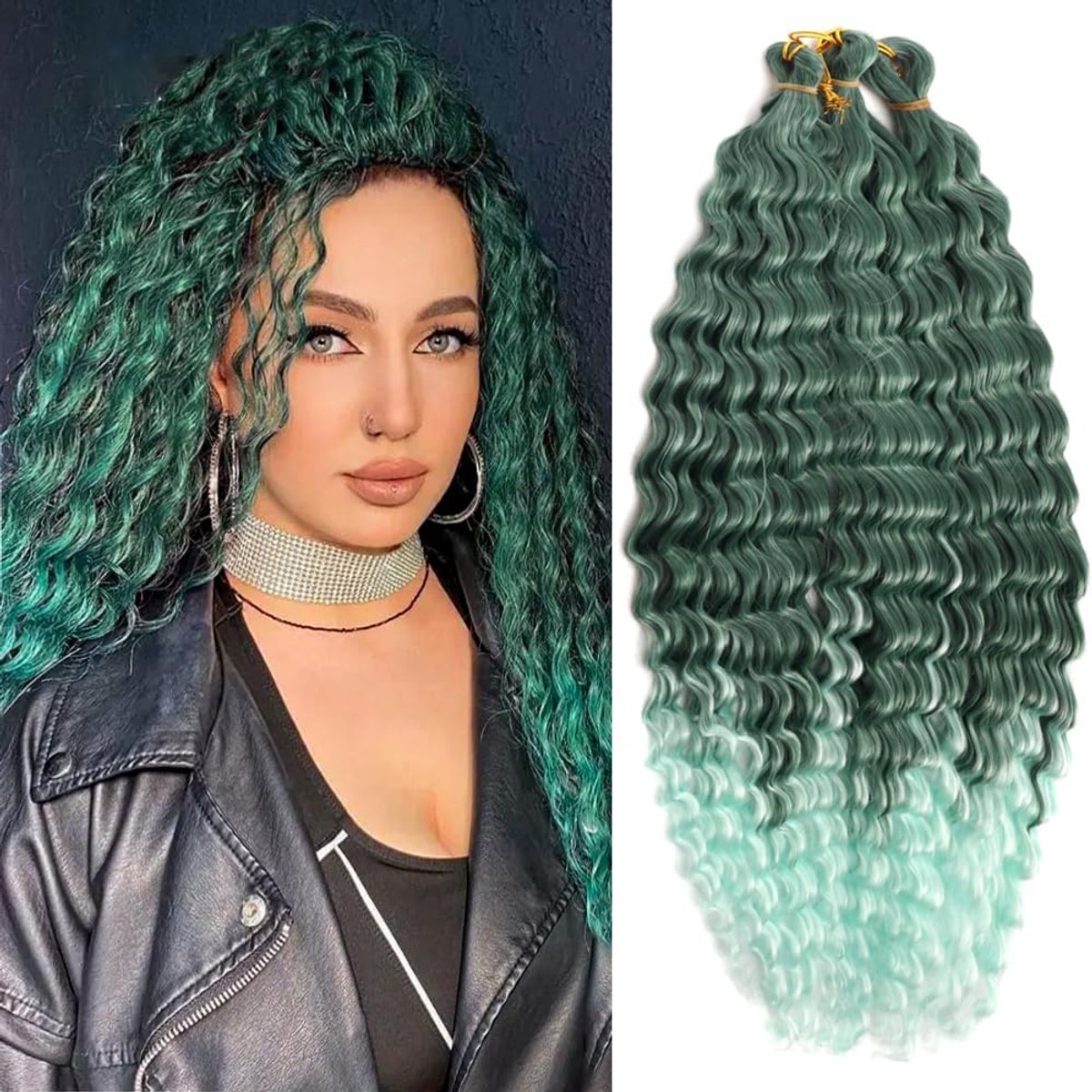 Haarextensies voor Vrouwen, Lange Diepe Golvende Ombre Groene Krullende Synthetische Haar Boho Vlechten Locs Crochet Haar, 55,9 cm (Zwart Mix Groen)