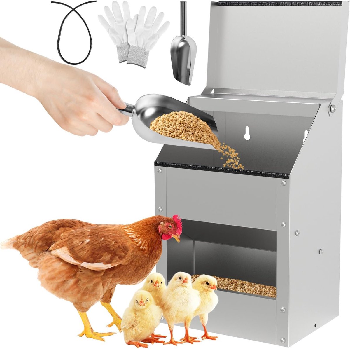 Kippen 4,5 kg – kippenvoerdispenser verzinkt staal met deksel, wandhouder, accessoires – voederdispenser voor kippen, eenden, gevogelte