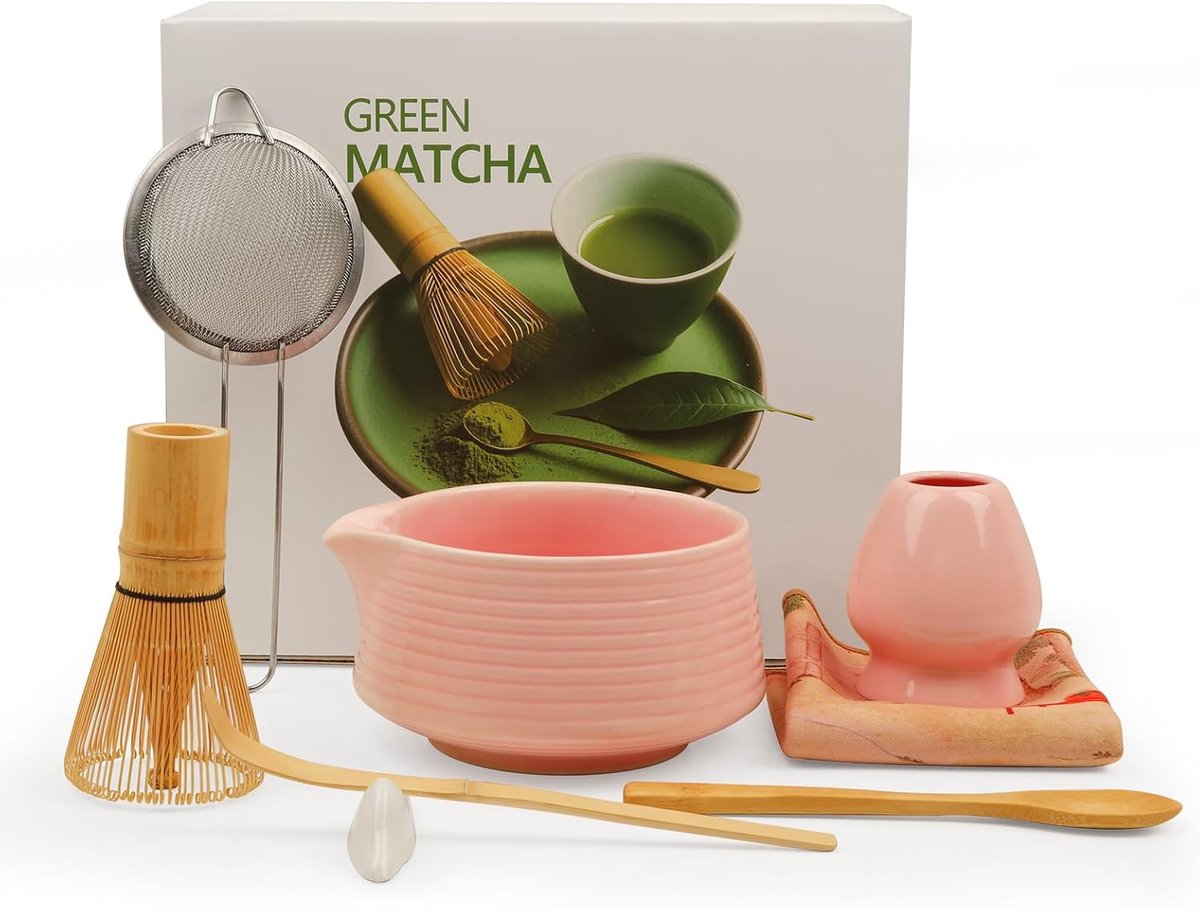 Matcha Matcha Matcha Theeset in roze, 8-delig, bezem bamboe, schaal met schenktuit, zeef, whiskhouder, kooklepel, lepel met houder, theedoek - matcha accessoires, cadeau voor