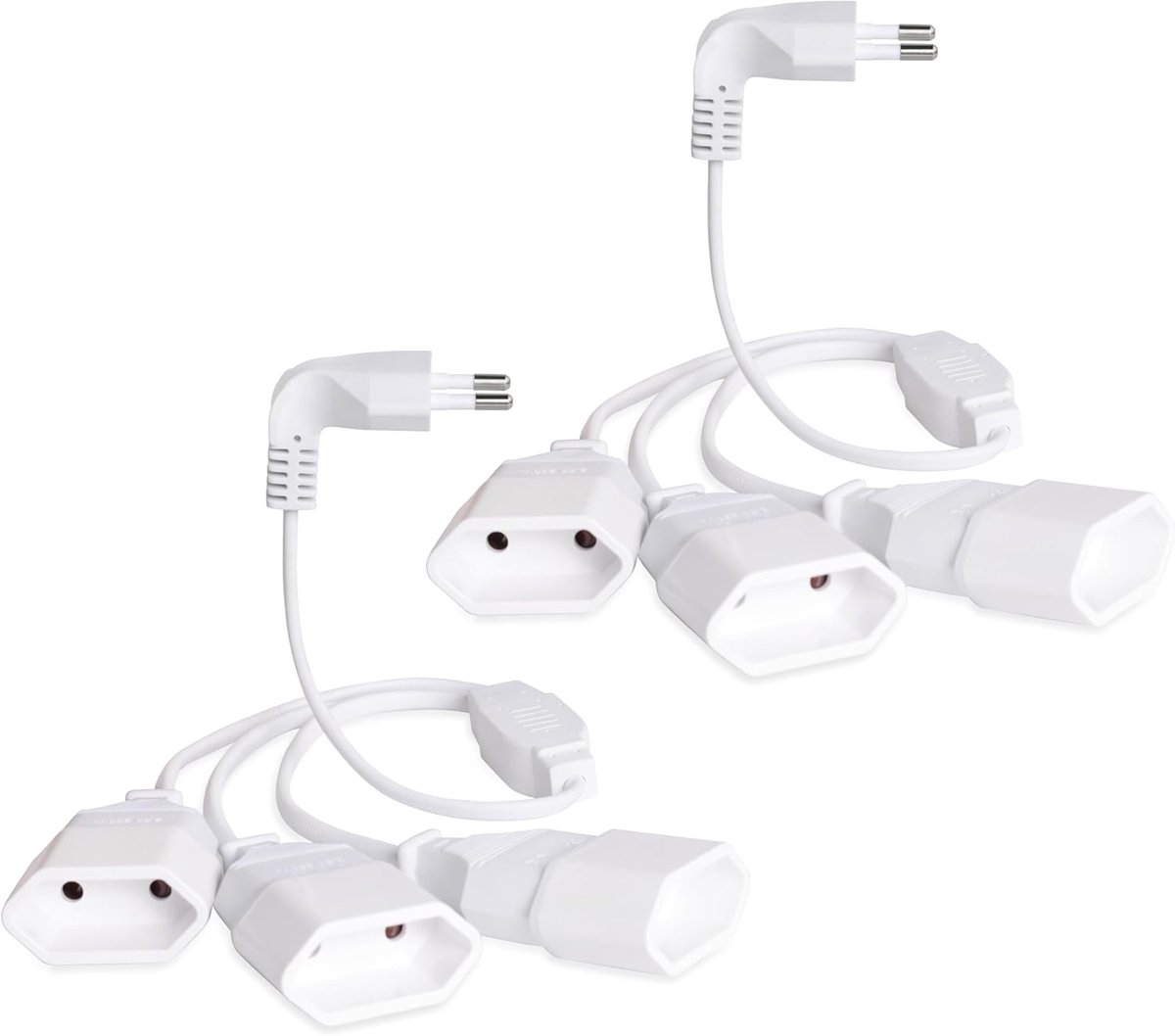 Set van 2 verlengkabel, plat, 3-in-1, 90 graden platte stekker, eurostekker, korte verlenging, 2,5 A, 250 V netsnoer voor tv, pc, gameconsole, lamp, huishoudelijke apparaten, wit