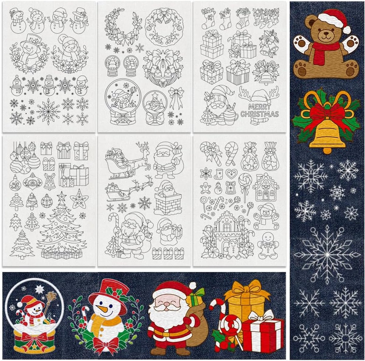 78 stuks kerstdecoratie 6 vellen wateroplosbaar borduurpatroon stabilisatoren sneeuwvlok en kerstman stok en steek borduurstickers, hand naaien doe-het-zelf transferpapier