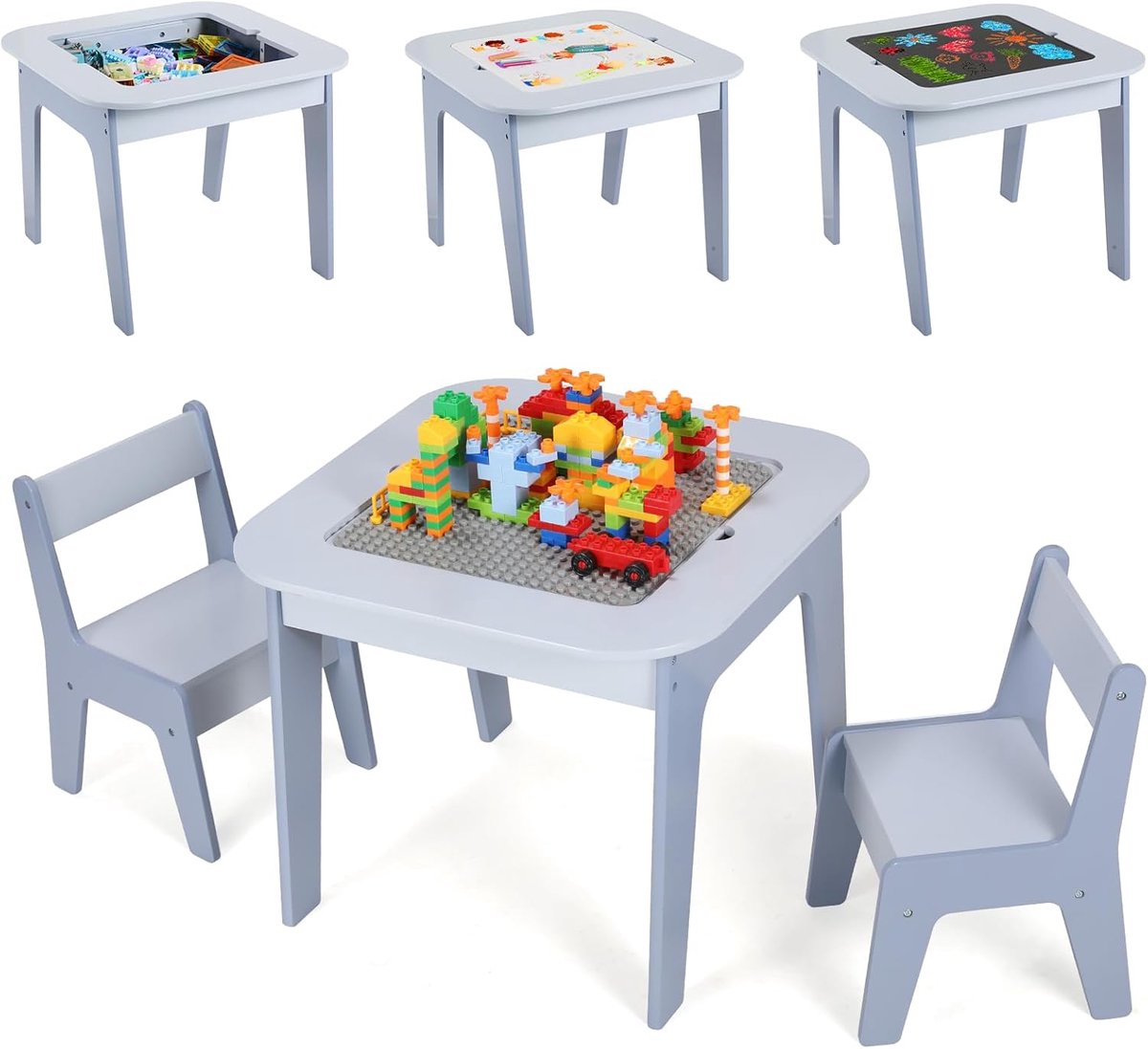 Kindertafel met 2 stoelen,kinderzitgroep,kindertafel stoelset, kindertafel,opbergruimte,dubbelzijdige schildertafel & bouwstenen tafel, kinderzitset, zitgroep kinderen, kindermeubel voor,Blauw
