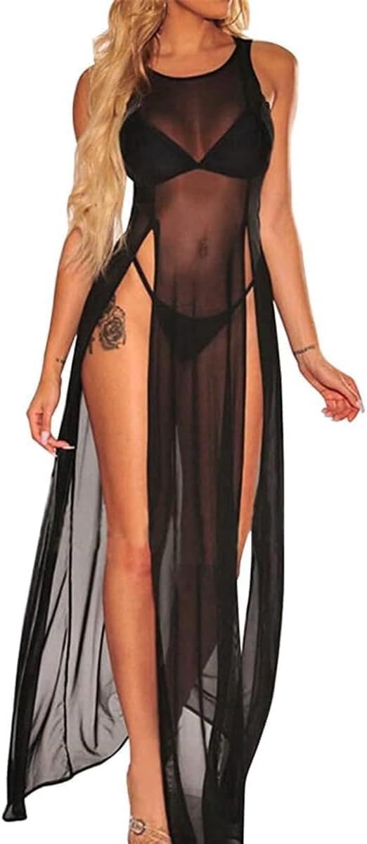 Vrouwen Kant Sexy Sling Spleet Jurk Ronde Hals Lingerie Nachtkleding Een Stuk Nachtjaponnen Mesh Jurk Voor Vrouwen