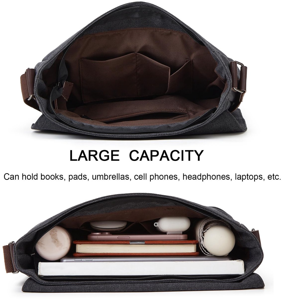 Canvas Schoudertas 13.3 inch - Vintage Messenger Bag - Zwart - Ideaal voor werk en reizen - SnelShoppen
