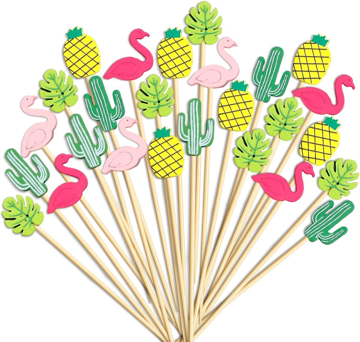 100 stuks cocktailspiesen zomer, spiesen, fingerfood Hawaii, feestspiesen, houten fruitspiesen, cocktaildecoratie, voor fruit, desserts, cake, snack, feestdecoratie (kleur-A)
