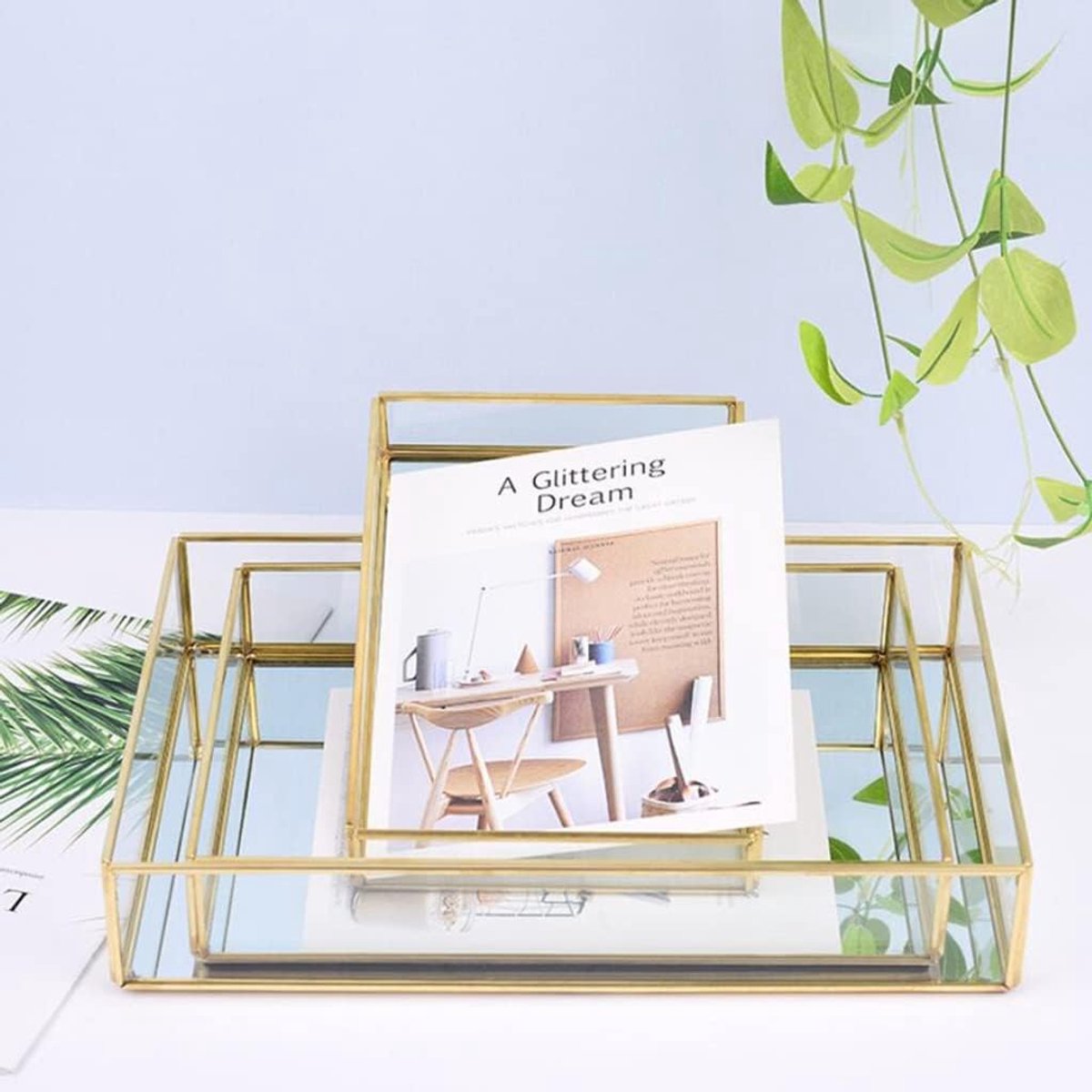 Nordic Retro Sieraden Box Opslag Exquisite Glass Sieraden Dienblad for Oorbellen Ketting Ring Hanger Armband Make-up Display Stand Decoratieve dienblad (Color : StyleA-25x18x4.5cm)