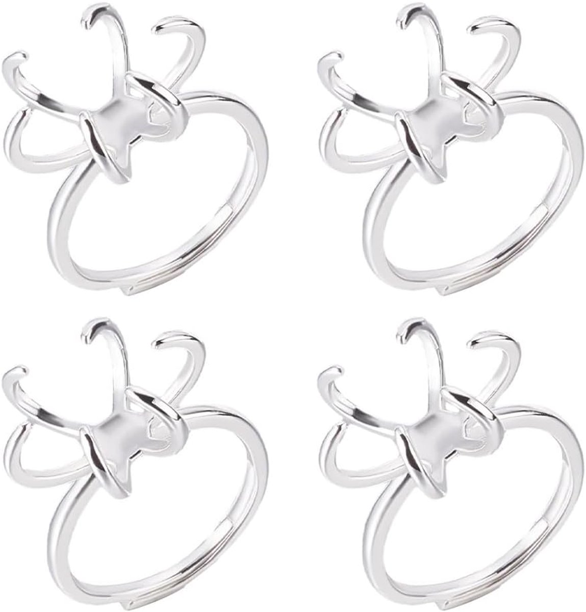 4 stuks klauw ring leeg, verstelbare messing ringbasis vinger ring componenten 6 klauwen blanco ringbasis voor edelstenen cabochon instelling ring sieraden maken, zilver