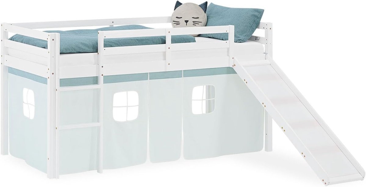 Hoogslaper met glijbaan 90x200 cm wit, kinderbed van grenen, met gordijn mintgroen | Artikel 2932