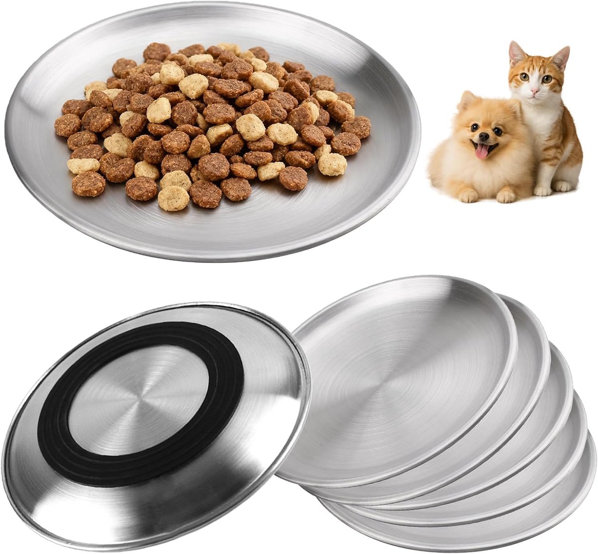 6 stuks roestvrij stalen platte kattenbakjes: 17 cm antislip kattenbakken van roestvrij staal, robuuste en duurzame kattenbak plat tegen vermoeidheid van snorharen, voor katten en kittens kleine