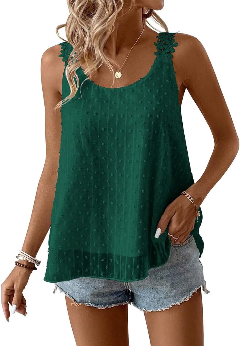 Tank Top Dames Zomer Boho Blouse Mouwloos Tops Vloeiend Elegant Ronde Hals Bloemen Camisole Casual Kant Outfits