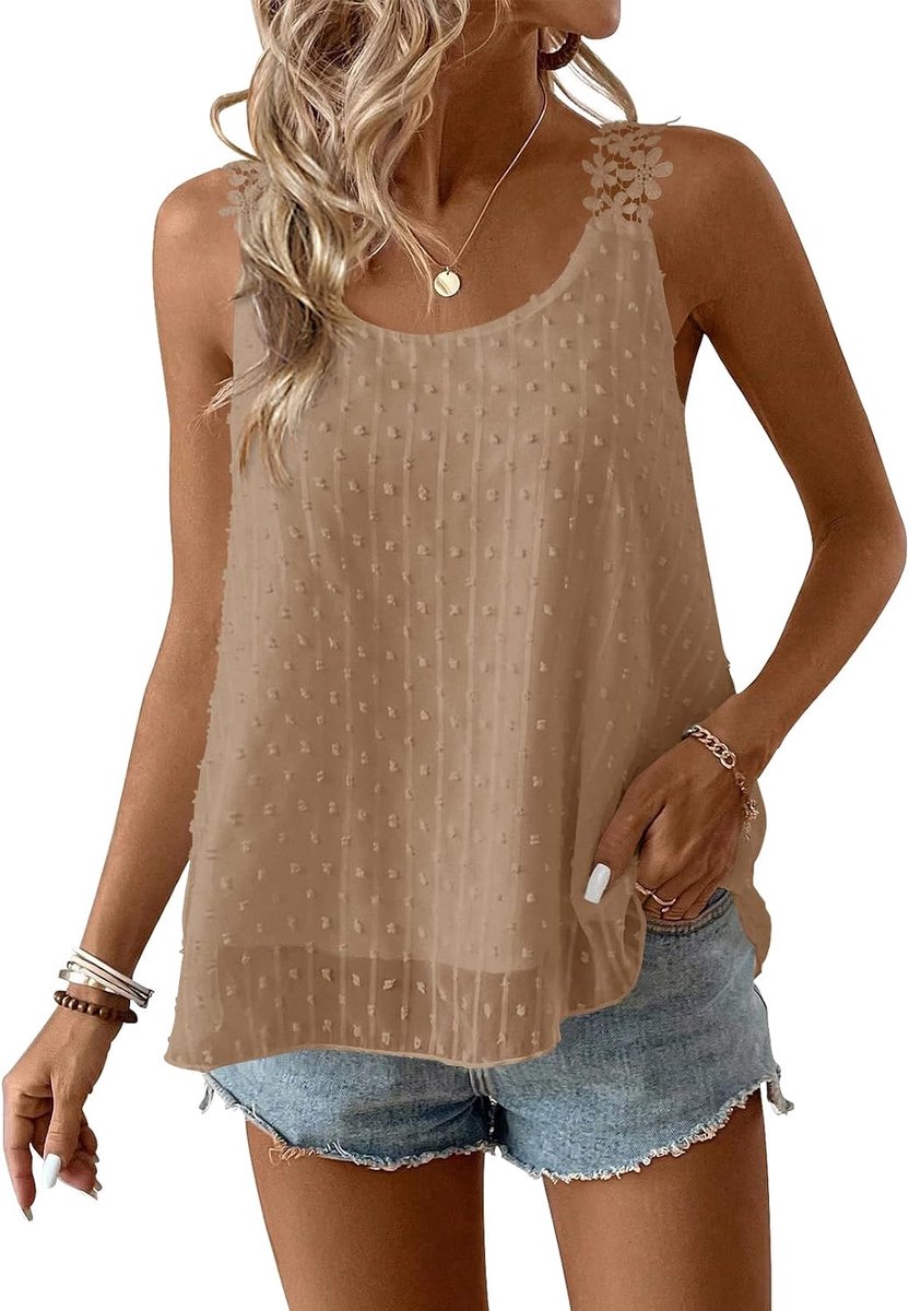 Tank Top Dames Zomer Boho Blouse Mouwloos Tops Vloeiend Elegant Ronde Hals Bloemen Camisole Casual Kant Outfits